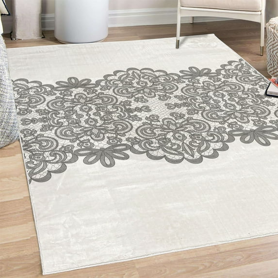Lace Decorative Rug, Needlework Ornamental Style Vintage Wedding Bridal Theme Illustration, Quality Carpet for Bedroom Dorm and Living Room, 6 Sizes, Taupe Grey, by Ambesonne