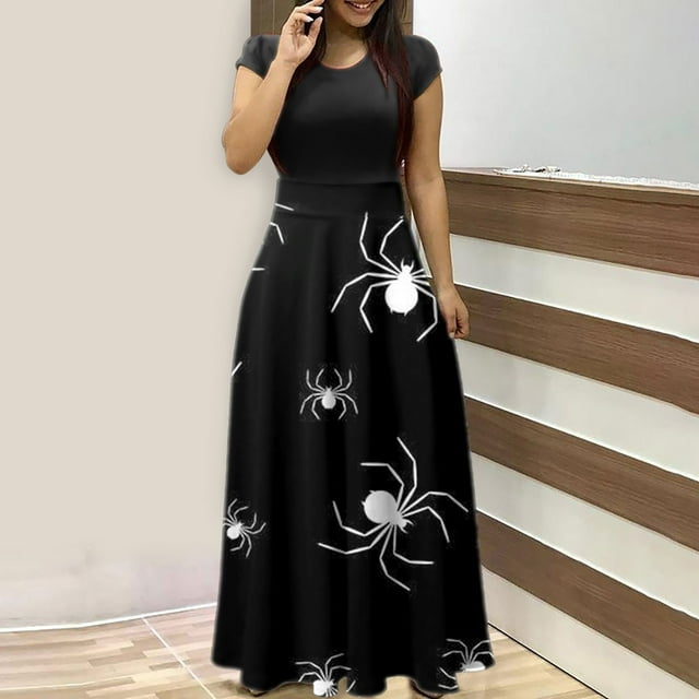 TIMIFIS Robes Maxi d'Halloween pour Femmes Manches Courtes Cosplay Fête Robe Évasée Vintage Horreur Citrouille Imprimée Bal Automne/hiver