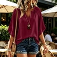 thumbnail image 6 of hoksml Women Raglan Gathered Notch V Neck Dolman Half Sleeve Blouse Cotton Linen Crinkle Loose Curved Hem Casual Top for Daily Vacation, 6 of 7