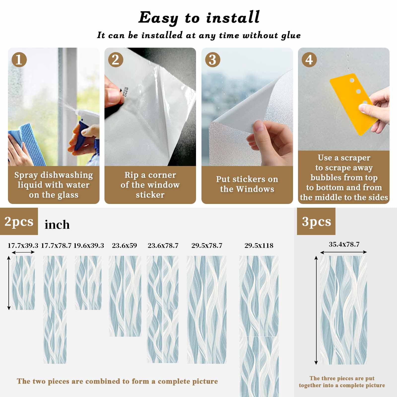 White Blue Ombre Stripe Window Privacy Film, Modern Abstract Moire Waves Static Cling UV Sun Blocking Tint Film Heat Control Windows Films for Bedroom Bathroom, Window Stickers 23.6"x59"