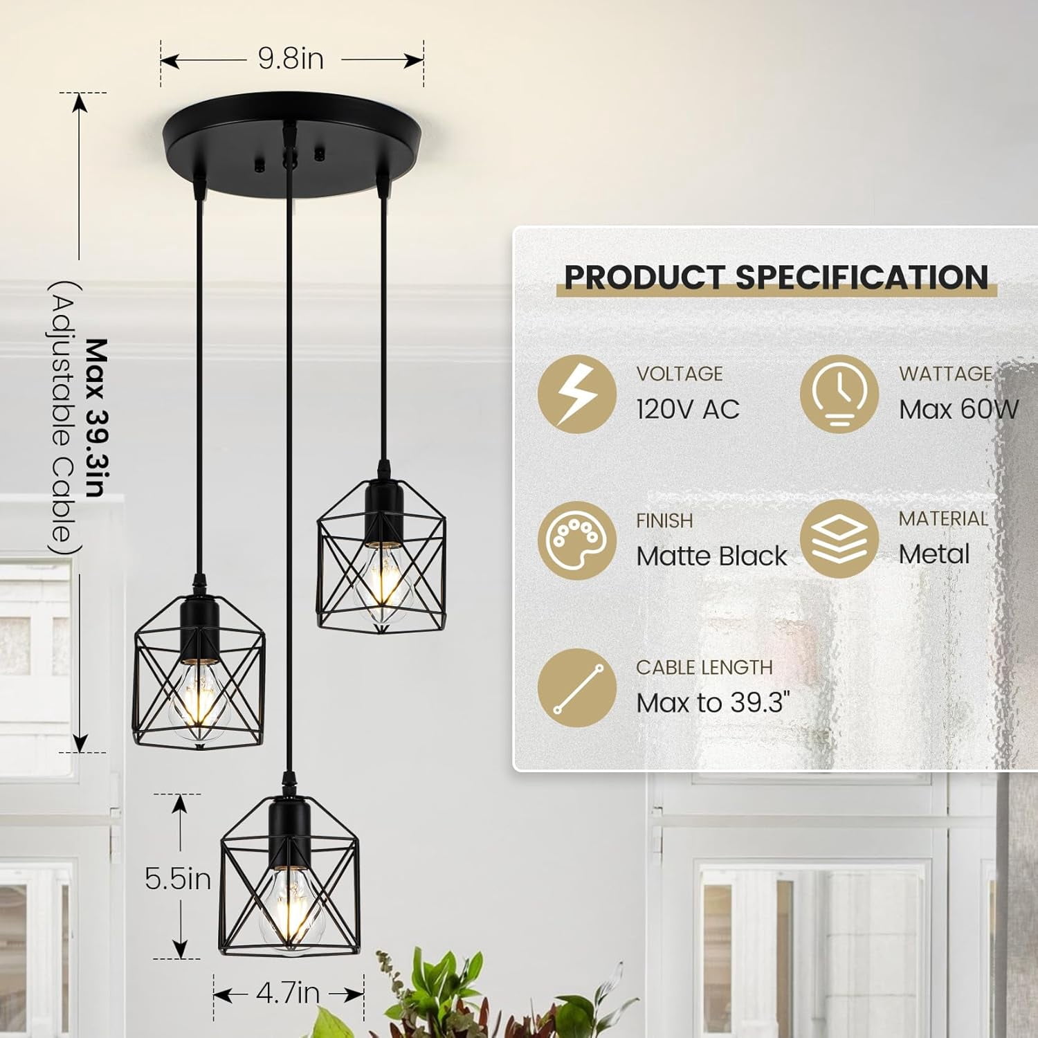3-Light Pendant Light Fixtures, Farmhouse Hanging Pendant Lighting, Dining Room Chandelier, Industrial Kitchen Island Hanging Light Fixture, Black Metal Cage Pendant Ceiling Lamp for Kitchen
