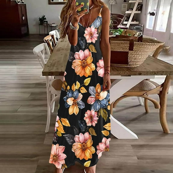 Ayolanni V-Neck Womens Party Dresses Black Vacation Floral Print Sleeveless Maxi Dresses Dresses for Teens In Store L