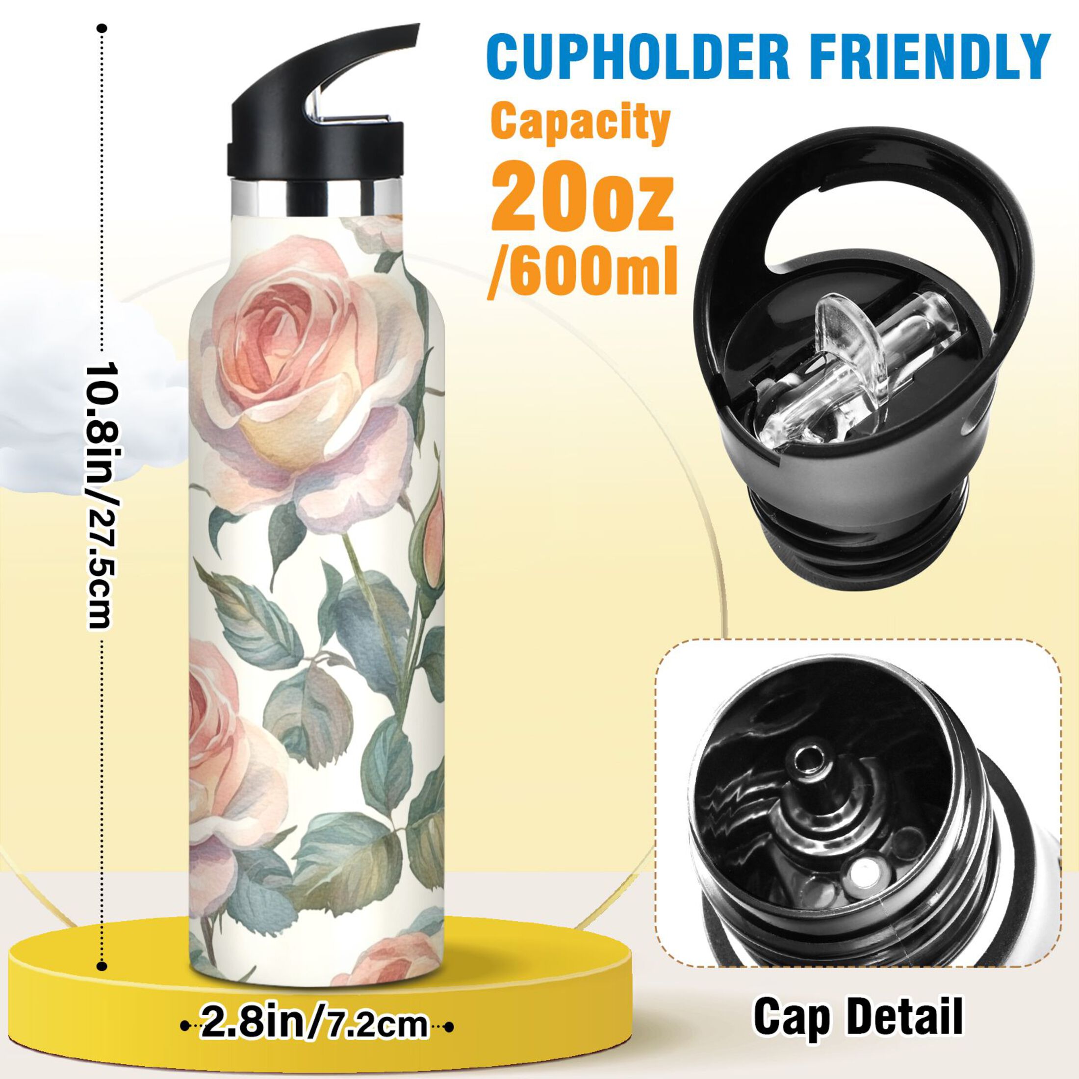 600ML Stainless Steel Insulated Cup Sports Water Bottle Portable Thermos Cup Water Glasses Insulated Tumblers Convenient and Durable Coral Roses Seamless