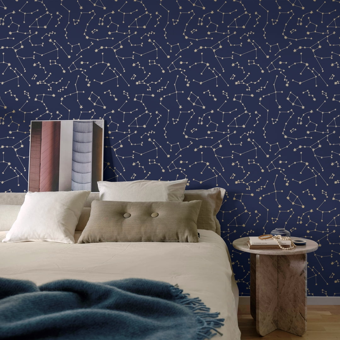 Tempaper x Novogratz Constellations Navy & Metallic Gold Peel and Stick Wallpaper, 20.5" x 16.5'