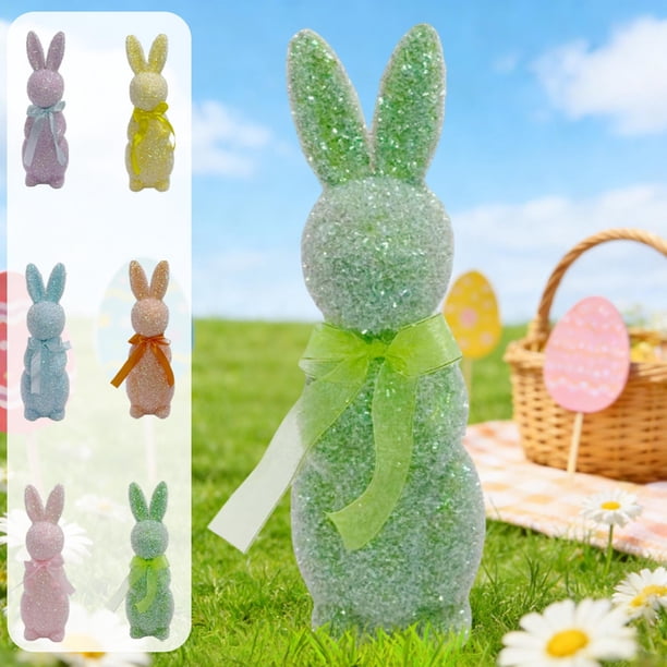 Decoración de conejo de Pascua de pie Figurita de espuma 13 pulgadas – lazo brillante, rosa verde morado azul naranja amarillo – jardín de la casa y patio regalo de Pascua