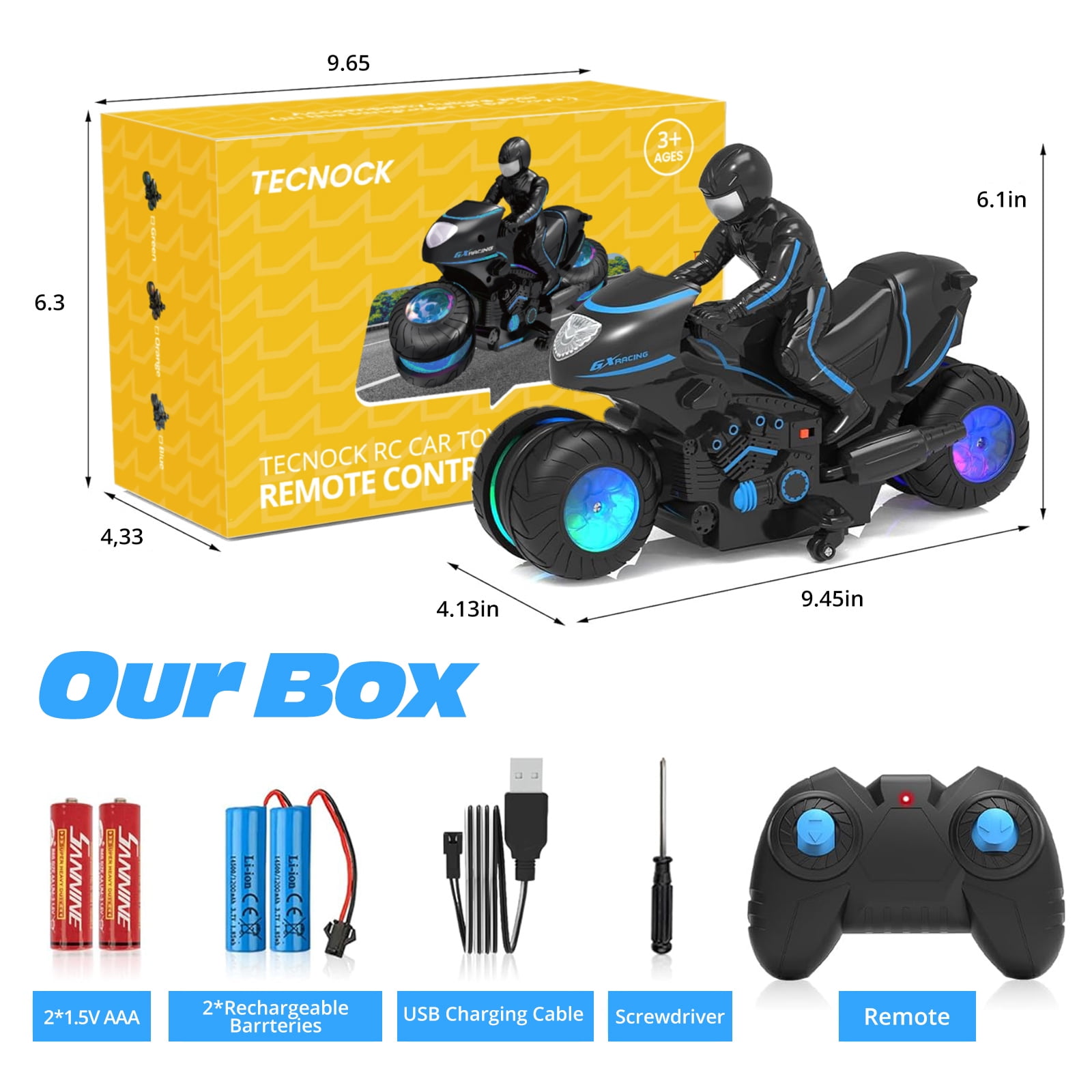 Tecnock RC Motorcycle, Remote Control Motorcycles with LED Lights, RC Cars Dirt Bike Toy, 360° Spins and Flips, Gift for Kids