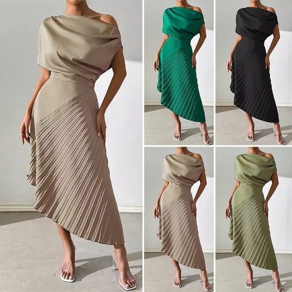 Joernso Formal Pleated Evening Dress for Women One Shoulder Pleated A-Line Dress Short Sleeve Ruched Party Cocktail Gown
