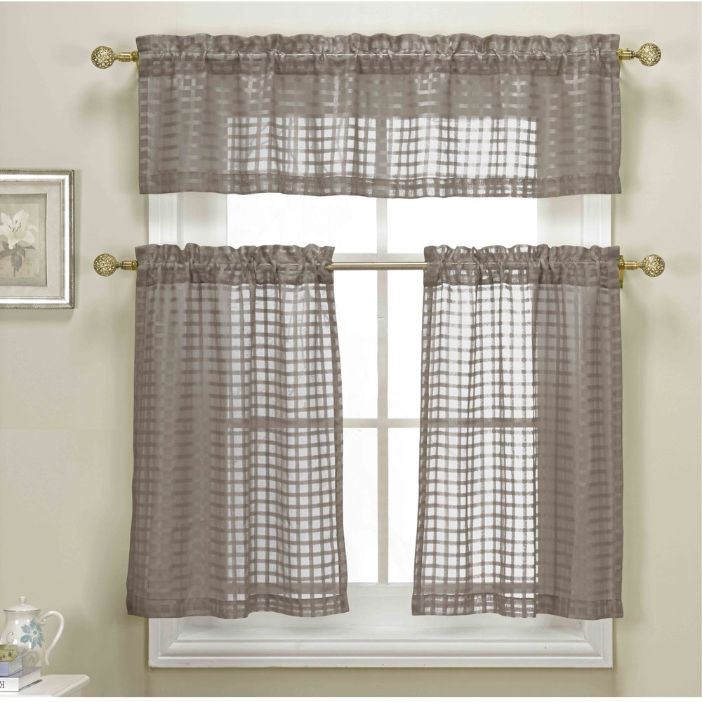 3 Piece Taupe Sheer Kitchen Curtain Set Woven Check Design, 1 Valance