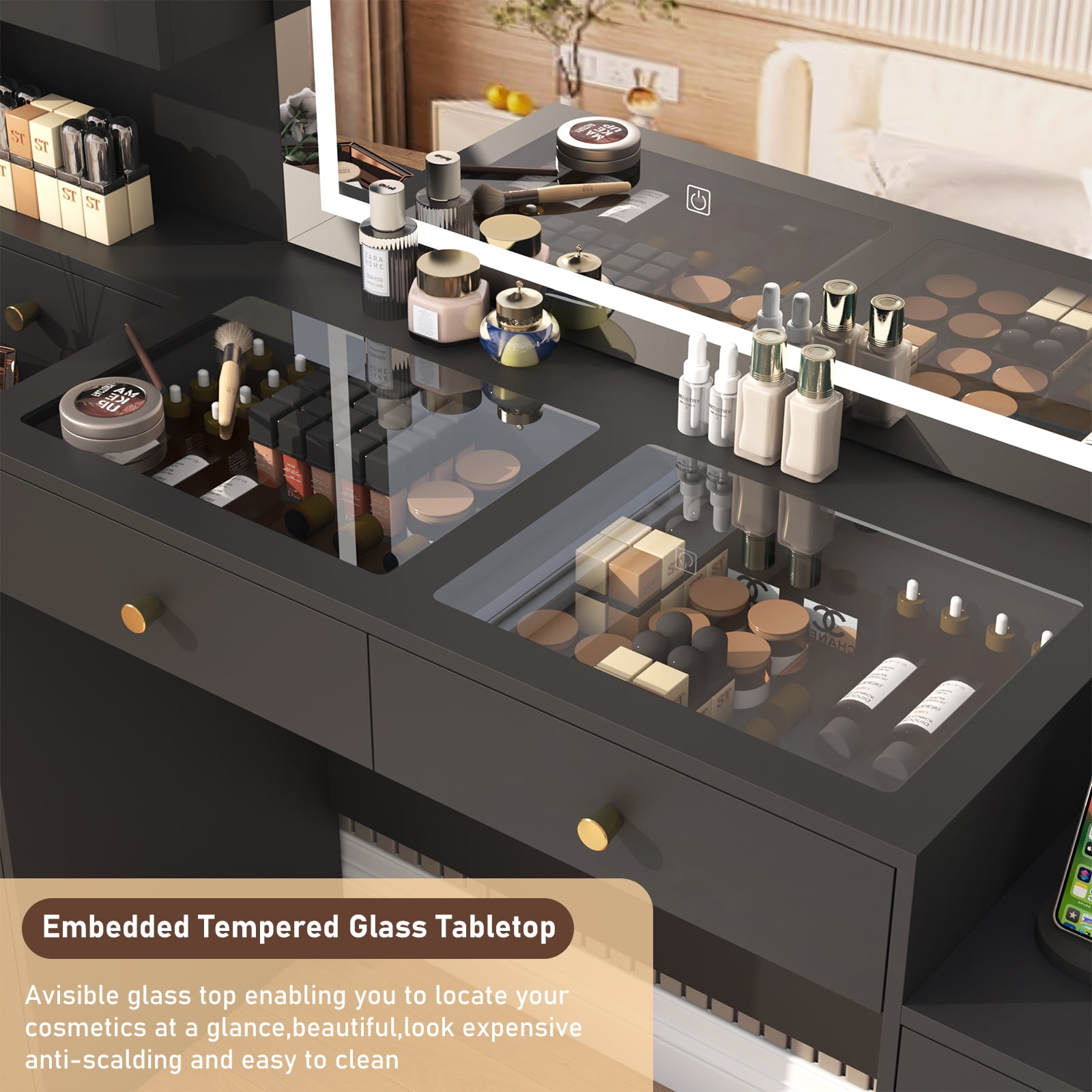ChVans 62 Large Vanity Desk Tempered Glass Top 60000 color LED Lights Charging Station White Makeup Vanity 3 Lights Mode LED Mirror 9 Drawers 2 RGB c