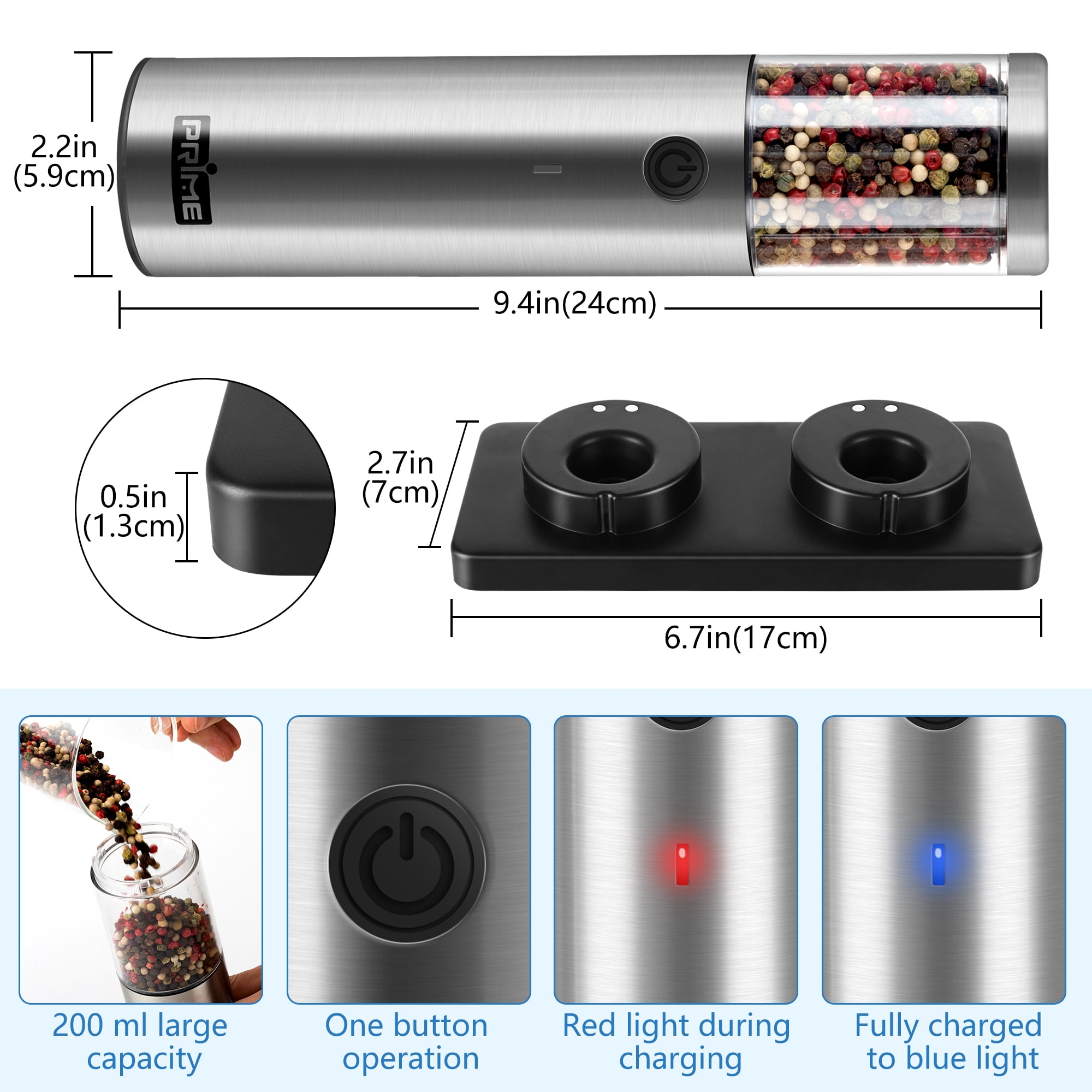 Rechargeable Electric Salt and Pepper Grinder Set, ASOFTY Dual Charging  Smart Timing Automatic Salt Pepper Mill with Charging Base, LED Light