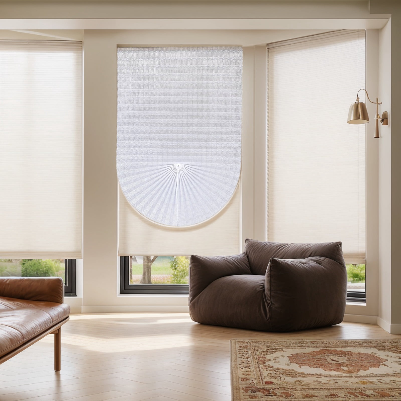 Yogsey 2PCS Ripple Shape Temporary Light Filtering Paper Shades for Windows, Cordless No Drill Self Adhesive Pleated Paper Blinds Free Cut Size 50% Light Filtering Shades for Room Bedroom Kitchen