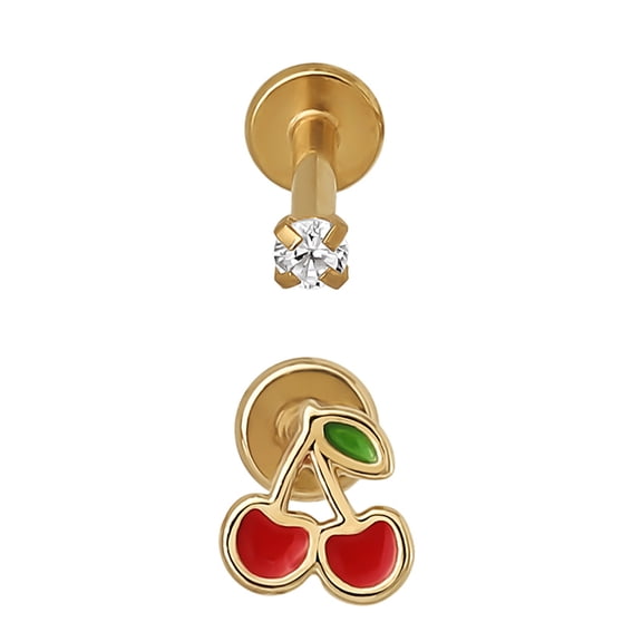 No Boundaries Women's Gold Tone Stainless Steel Cherry and Cubic Zirconia Flatback Cartilage Earrings, 2 Piece Set