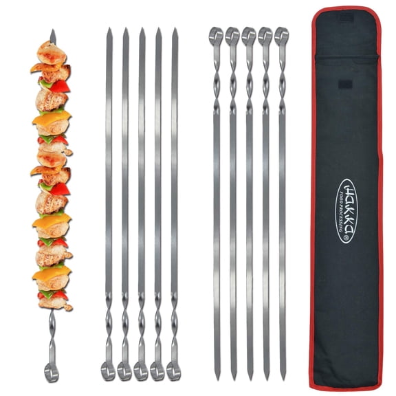 Hakka 24" Stainless Steel Barbecue Skewers Set of 10, Heavy Duty Reusable Metal Kabob Sticks with Non-Slip Ring Handles