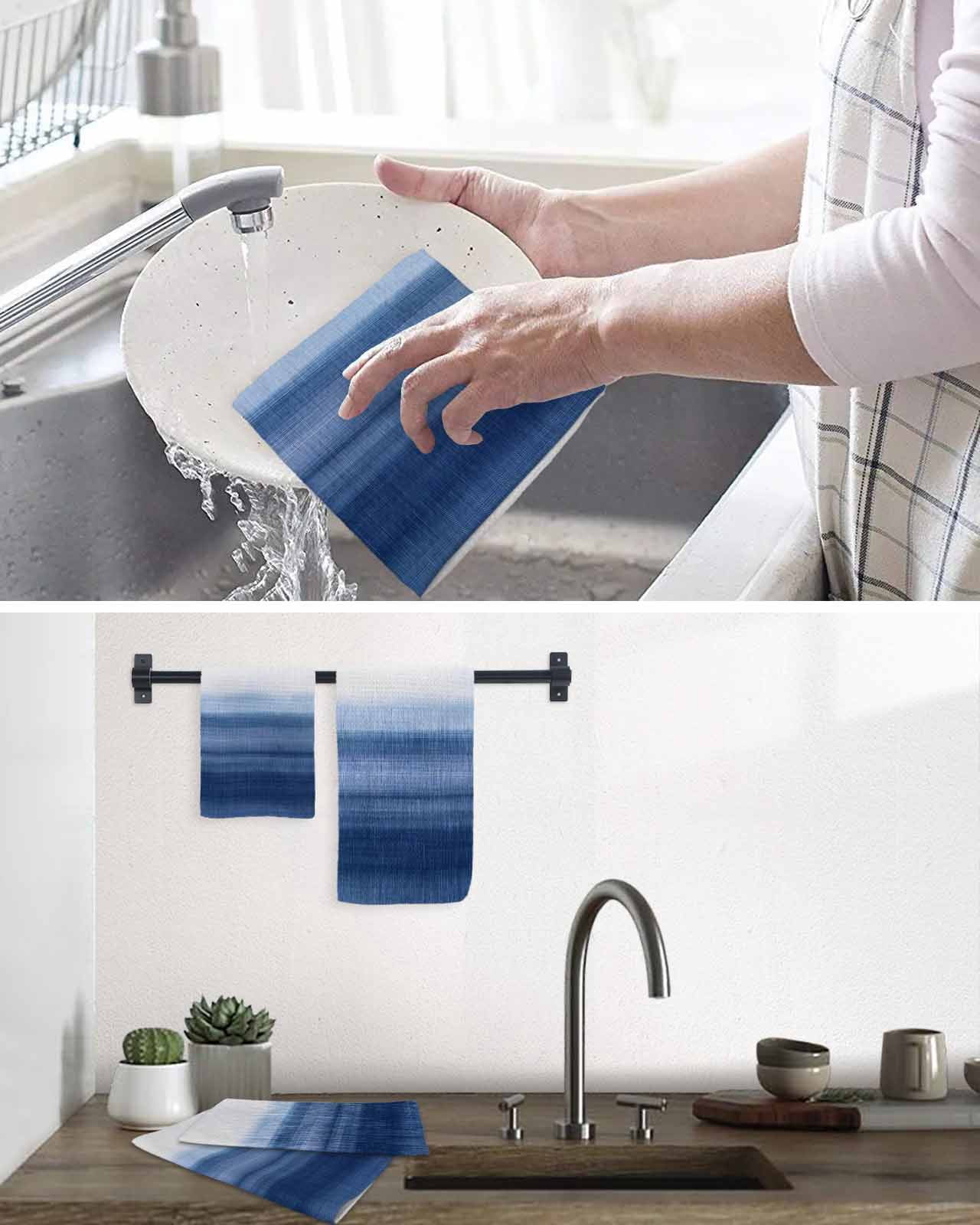 Navy Blue White Ombre Kitchen Dish Towels for Drying Dishes Set of 2, Contemporary Minimalism Stripes Waffle Weave Microfiber Terry Hand Tea Bathroom Towels Quick Dry & Absorbent Towel 12x12