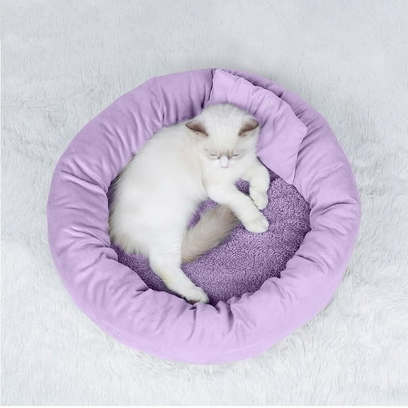 Calming Cat Beds with Pillow for Small Medium Dogs and Cats, Round Dog Puppy Cuddler Cozy Bed, Washable Fluffy Plush Pet Bed Thickened Dog Kennel Mat for Puppy Sleeping, L 50CM