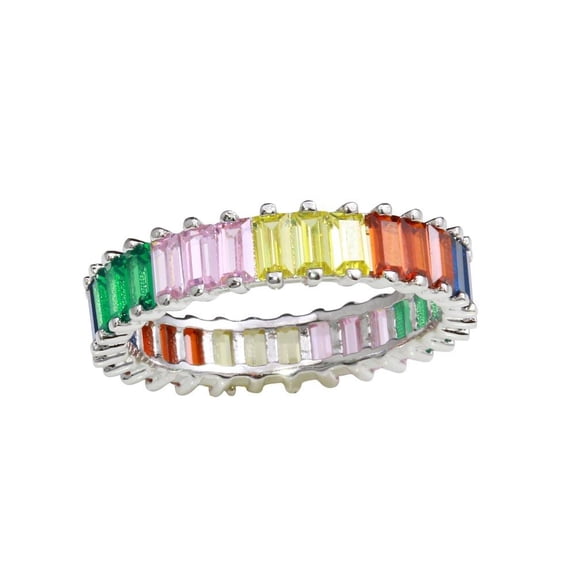 Rhodium Plated 925 Sterling Silver Multi-Colored Rectangular Ring Multi-color CZ Female Size 5