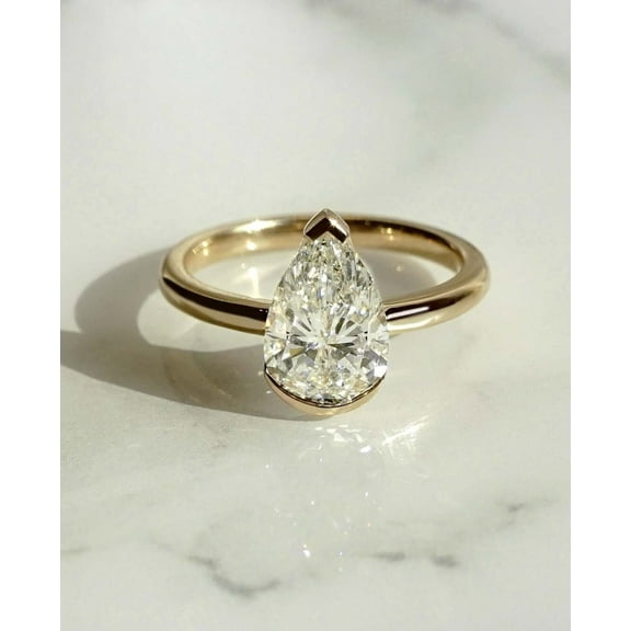 2.00 Carat Pear Cut Moissanite Half Bezel Set Engagement Ring, 925 SIlver