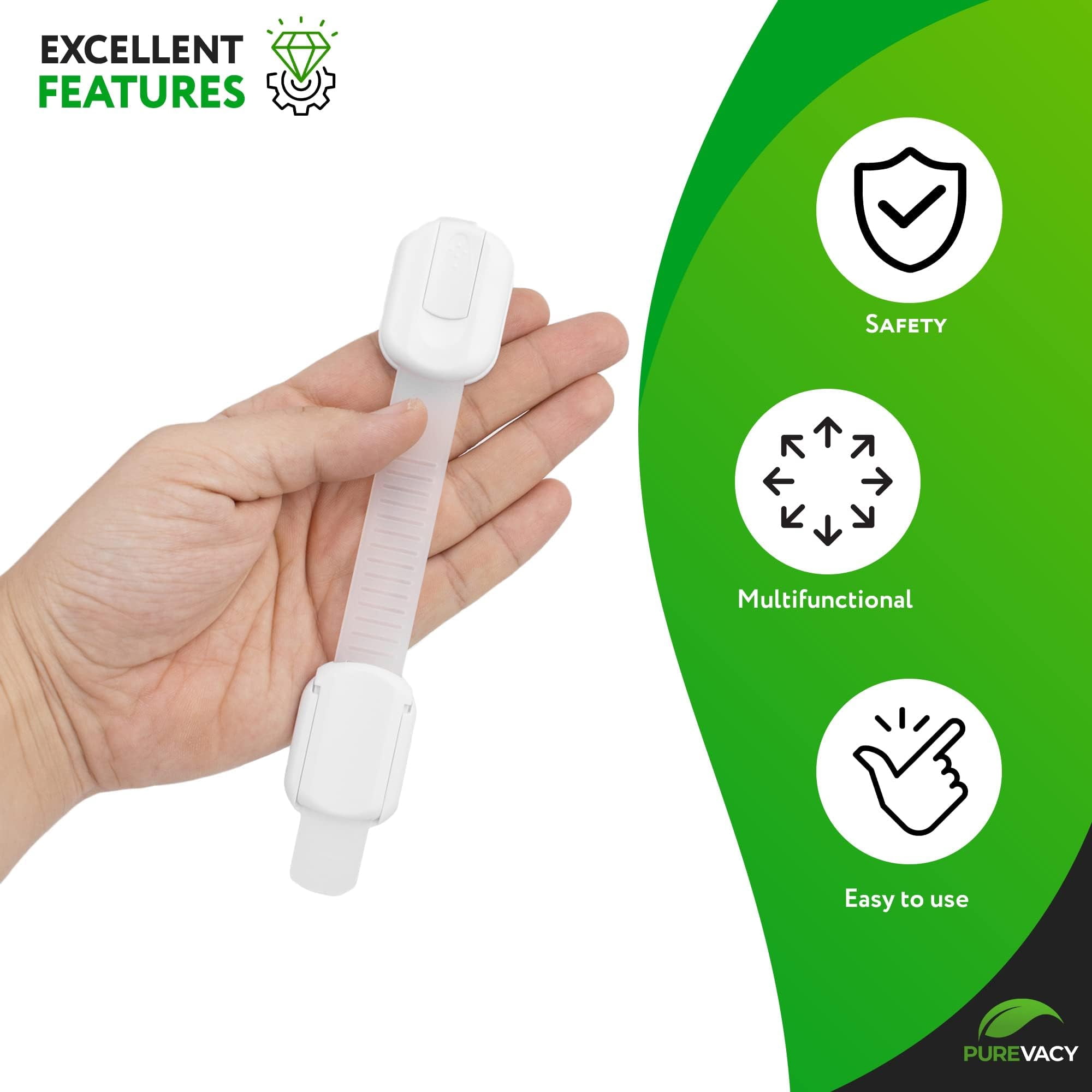 PUREVACY Child Safety Strap Locks 7.5 Inch. 16 Pack White Plastic Child Safety Cabinet Locks. Adjustable Child Locks for Cabinets No Drilling. Self-Adhesive Drawer Locks for Furniture, Kitchen, Toilet