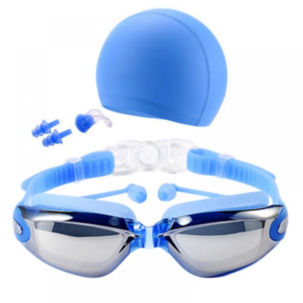 Men Women Non-Fogging Anti UV Swimming Goggle Bundle Swim Cap+Ear Plug+Nose Clip 