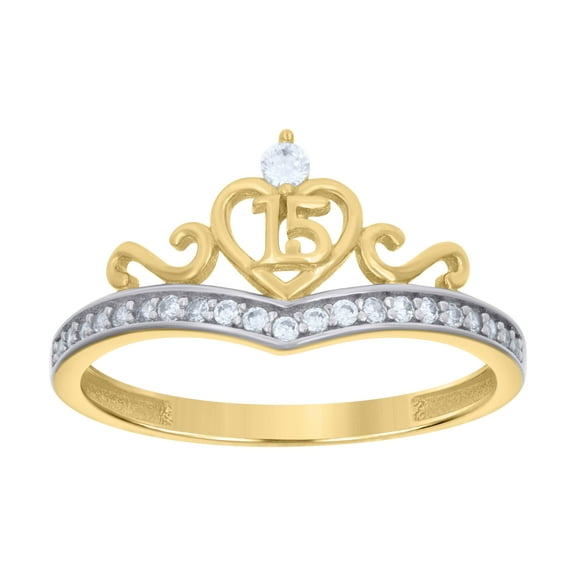 14k Two-tone Gold Womens Cubic-Zirconia 15 Quinceanera Ring