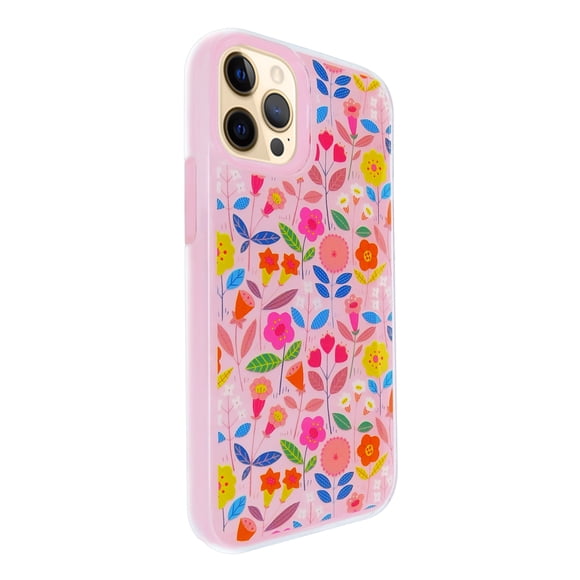 Funda de Diseño Doble Capa con Vidrio 9D para iPhone 12 pro max (6.7) Flores con fondo rosa Selicell Funda de diseño doble capa