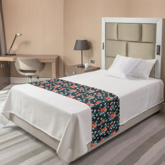Floral Bed Runner, Composition of Repeating Roses and Tiny Flowers Spring Season Layout, Decorative Accent Bedding Scarf for Hotels Homes and Guestrooms, Twin, Dark Indigo and Multicolor, by Ambesonne