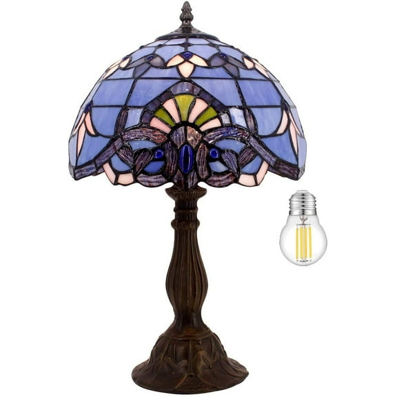 Tiffany Lamp Stained Glass Table Bedside Lamp Blue Purple Baroque Style Lavender Antique Reading Desk Light 18" Tall Living Room Bedroom Coffee Bar Library Memory Sympathy WERFACTORY LED Bulb Included