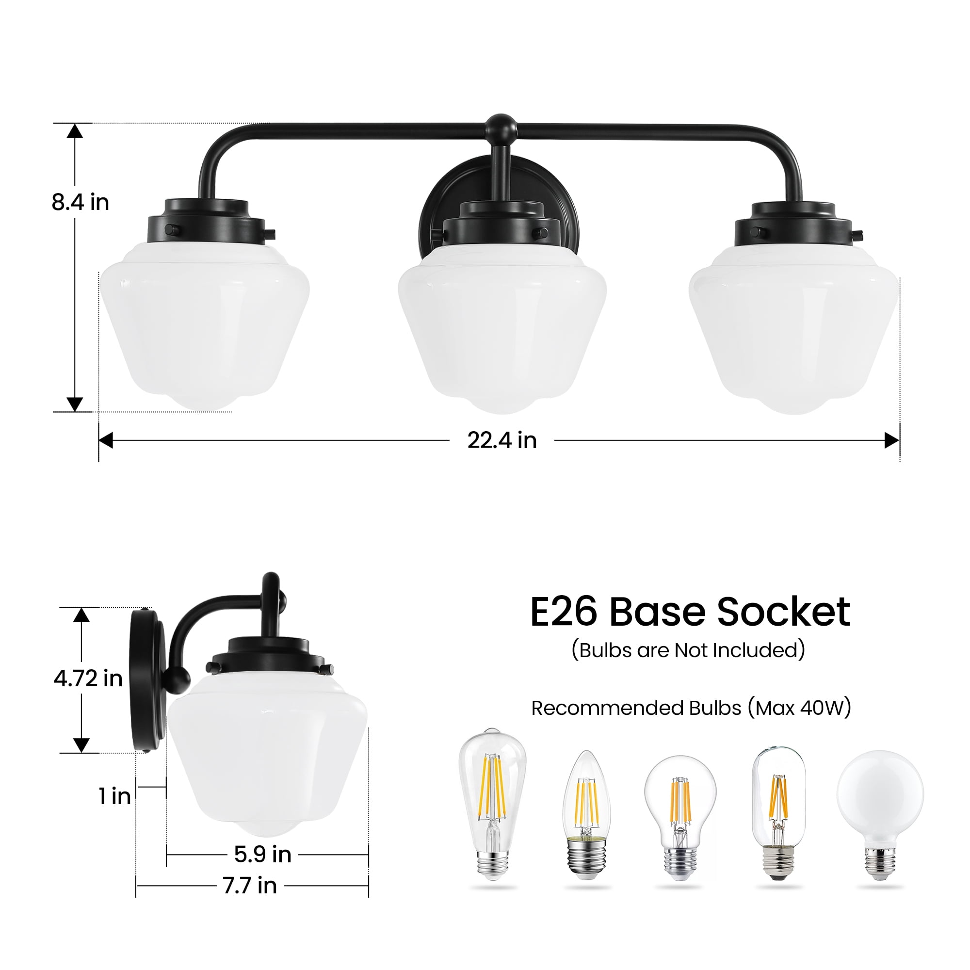 Bathroom Vanity Light Fixtures 3-Lights Gold Vanity Lights Over Mirror, E26 40W Modern Bathroom Lighting Fixture with Milky White Glass for Bath Restroom