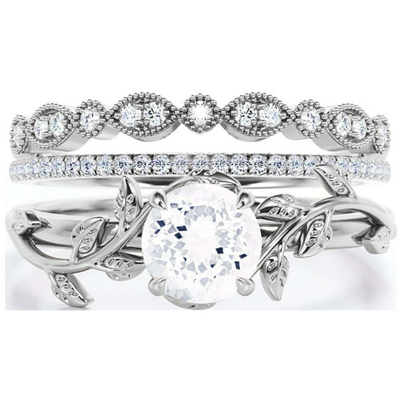 Vine Leaf Ring, Boho & hippie 2.00 Carat Round Cut Diamond Moissanite Engagement Ring, Wedding Ring in 925 Sterling Silver With 18k White Gold Plating, Gift, Promise Ring, Trio Set, Matching Band