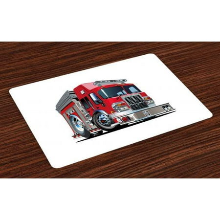 Fire Truck Placemat (Truck Placemats Set of 4 Cartoon Style Red Fire Truck Emergency Services Safety of the City Transportation, Washable Fabric Place Mats for Dining Room Kitchen Table Decor,Red Pale Grey, by)