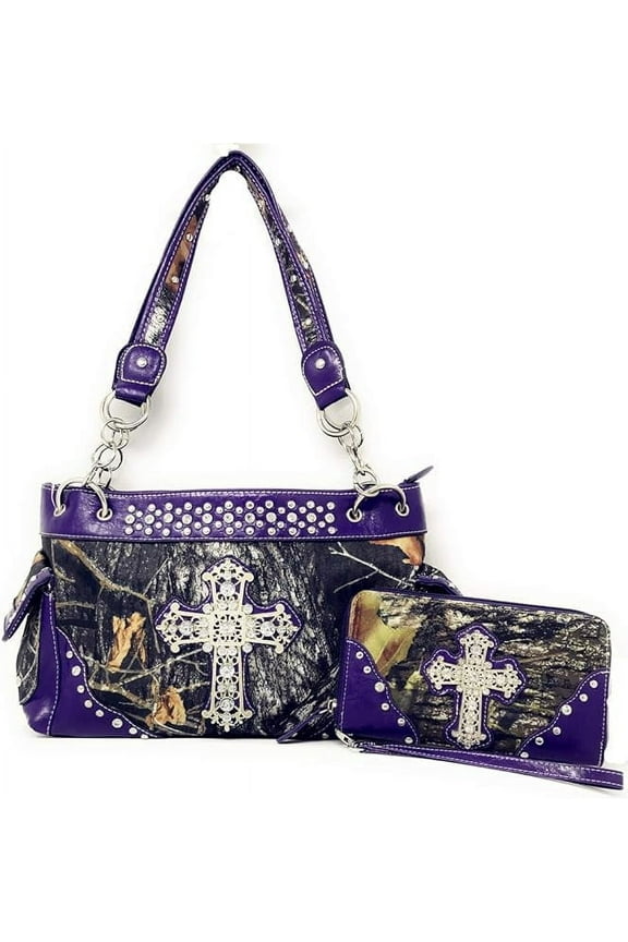 Premium Rhinestone Camouflage Cross Leather Women's Handbag Purse Matching Wallet One Set in Multi Colors
