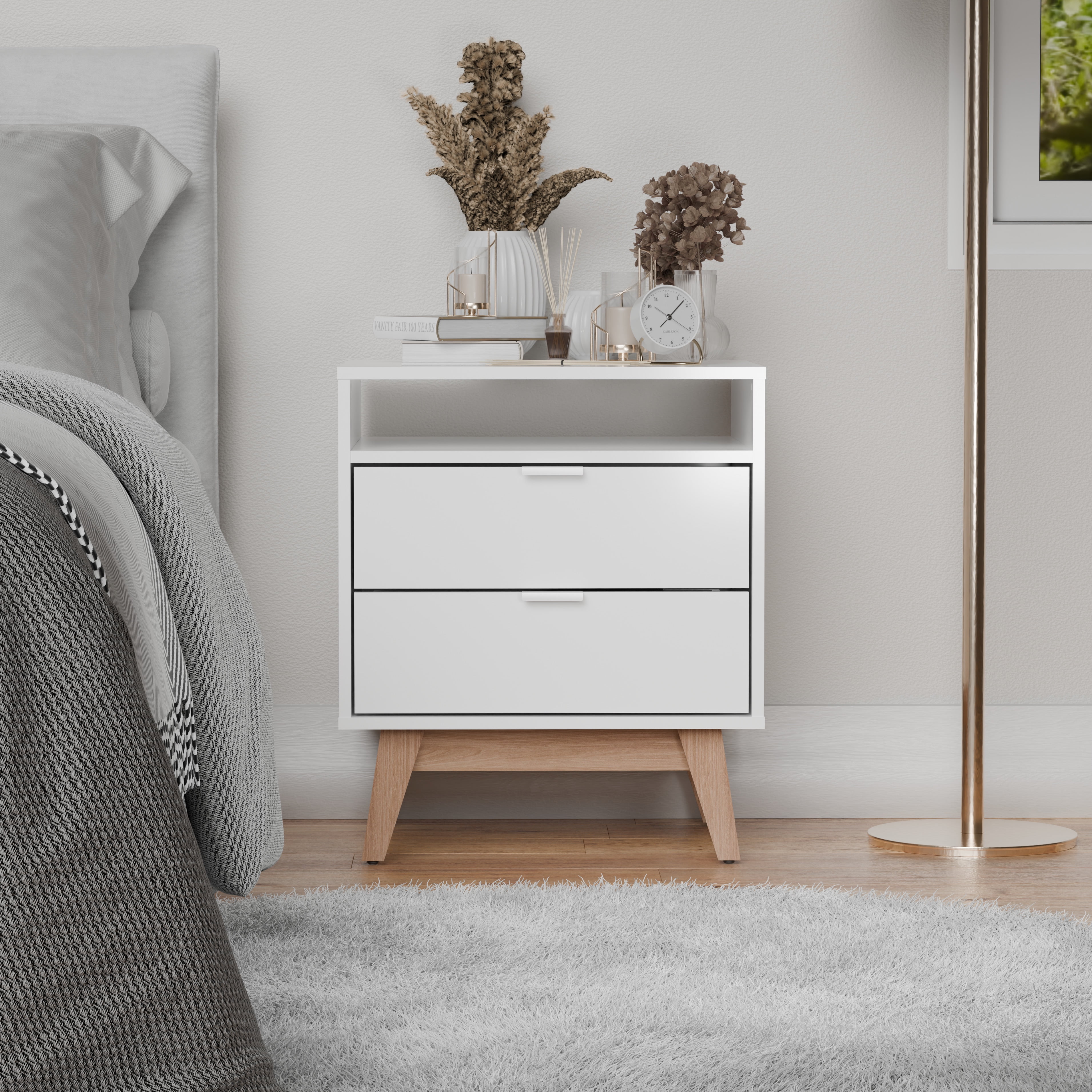Kappesberg Hanford 2-Drawer Nightstand with Open Shelf, White & Light Brown - for Adults and Teens