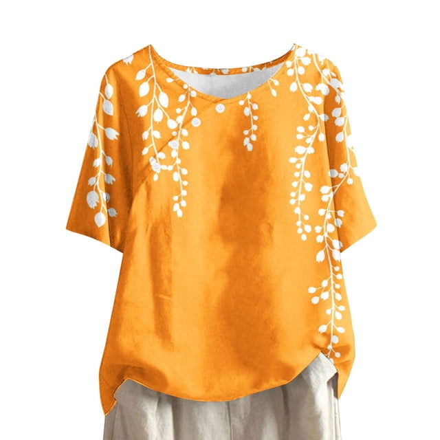 Tops de Lino para Mujeres Imprimir Suéter Cuello Redondo Manga Corta Superior Poliéster, Blusa de Moda Casual para la Primavera Y el Verano