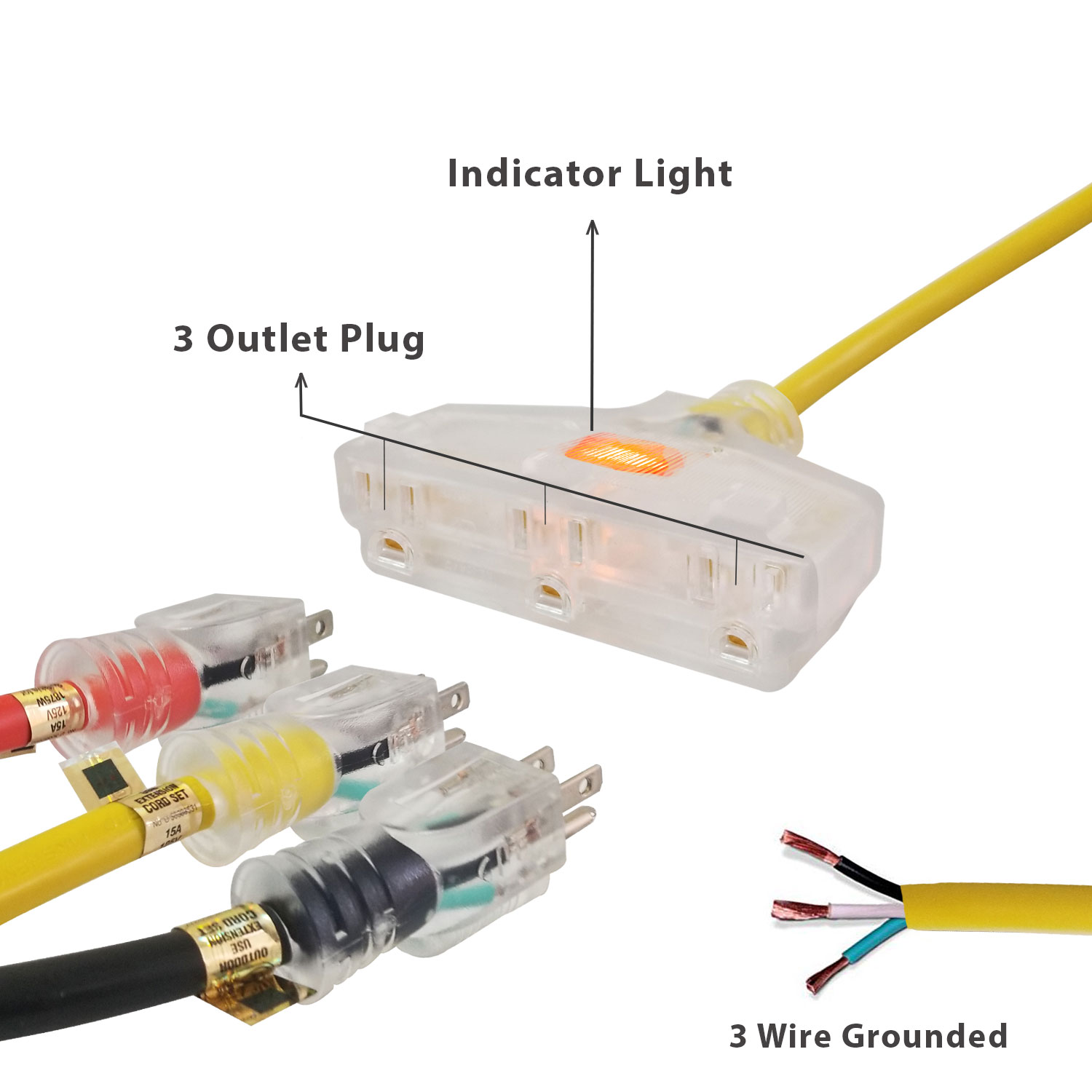 Royal Designs, Inc. Heavy Duty Extension Cord with Indicator light for Indoor & Outdoor, 25 ft long, Yellow, 3 Outlet Prong Grounded Wire UL Listed