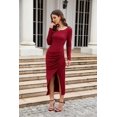 thumbnail image 3 of Vestidos midi ajustados fruncidos de punto elástico de manga larga sólida con cuello redondo para mujer BorgoñaLarge, 3 of 5
