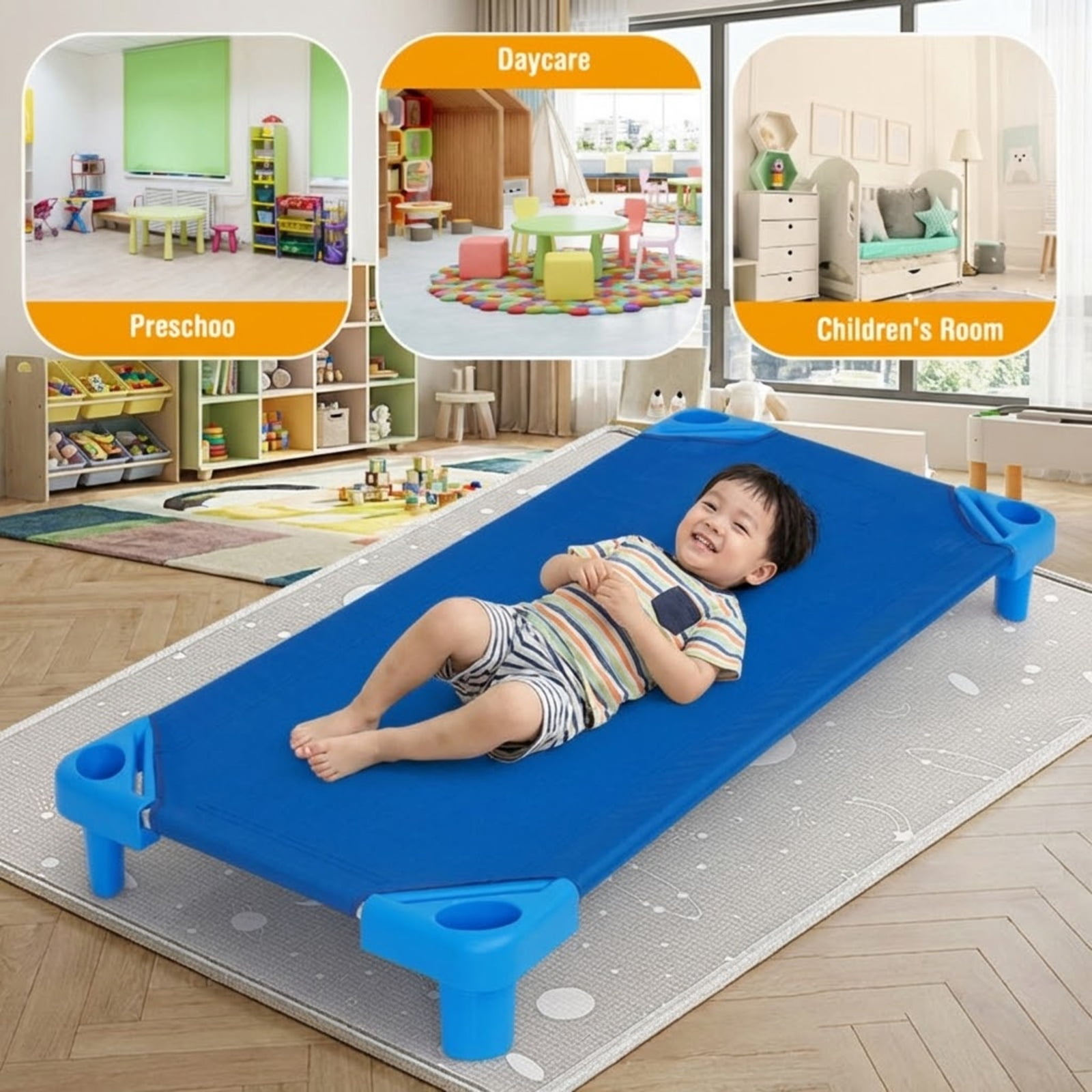 Furnibear Toddler Bed 52 x 23 Inch Pack of 6 Kids Stackable Daycare Rest Mat, Blue