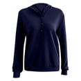 thumbnail image 3 of Casual Round Neck Long Sleeve Solid Color Sweatshirt Ladies Casual Solid Color V-neck Button Drawstring Hooded Loose Long Sleeves Navy M, 3 of 5