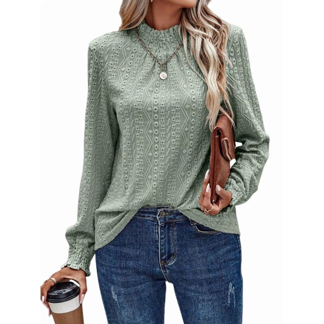 Camiseta de Larga con Cuello Alto y Ojales para Mujer, Elegante, Informal, , de Negocios, Elástica, con Aberturas Verde XXL
