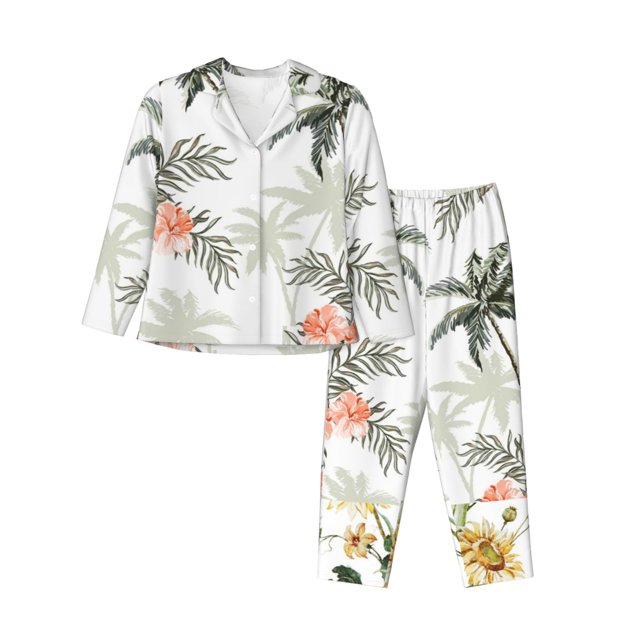 Balery Vintage Palm Trees Conjunto de Pijama con Estampado para Mujer, Conjunto de Dos Piezas con Manga Larga, Ropa de Dormir Suave con Bolsillos, Pijamas Cómodos-X-Large