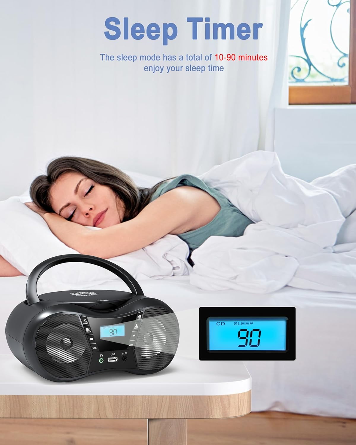 Prociv CD Player Boombox with FM Radio,Bluetooth 5.1,Clear Sound,LCD Display,USB/AUX Input,AC/Battery Powered,CD/CD-R/CD-RW Compatible,3.5mm Headphone Jack,Sleep Timer for Home,Seniors,Kids Black