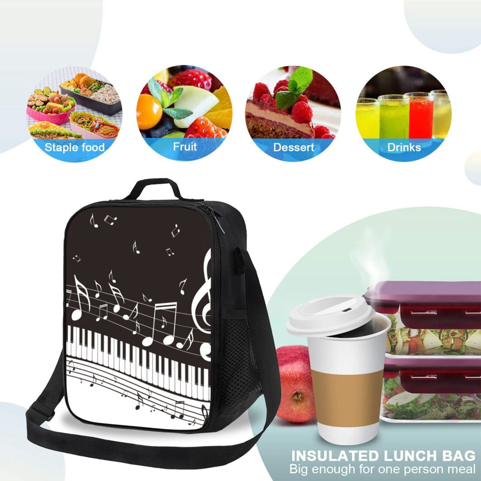 Defioc Piano Keys With Musical Notes Print Lunch Box for Men & Women, Insulated Lunch Bag Thickened Thermal Leakproof Lunch Tote Bag for Adult Office Travel Picnic
