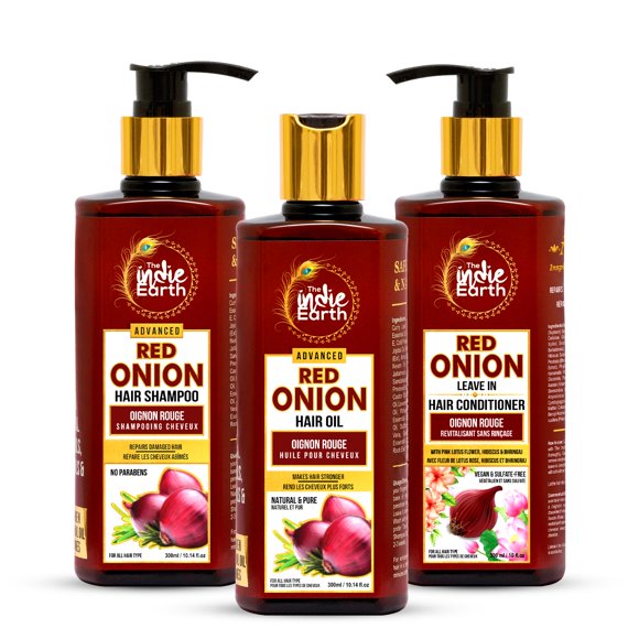 The Indie Earth Advanced Red Onion Hair Care Trio – 3 Step Advanced Hair Care With Hair Oil + Hair Shampoo + Leave-In Hair Conditioner -Repairs Damaged Hair, Makes Hair Thicker & Stronger Total 900ml