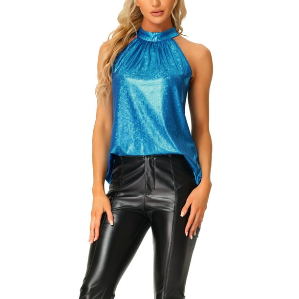 INSPIRAR CHIC Brillantes Sin Mangas Halter Tops para Mujeres Fiesta Club Cóctel Camiseta Top Camisola XS Azul