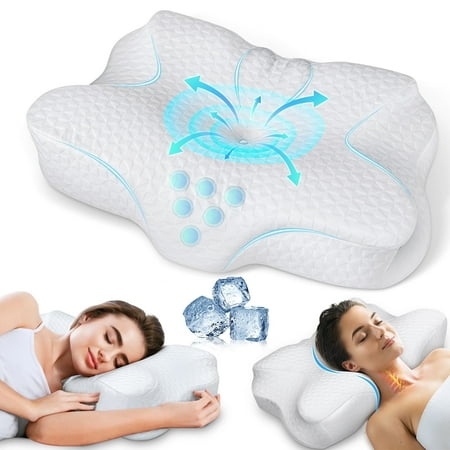 Bed pillows for Cervical Pillow for Neck Pain Relief  Odorless Orthopedic Memory Foam Contour Neck Pillows with Breathable Pillowcase for Side Back Stomach Sleepers  White