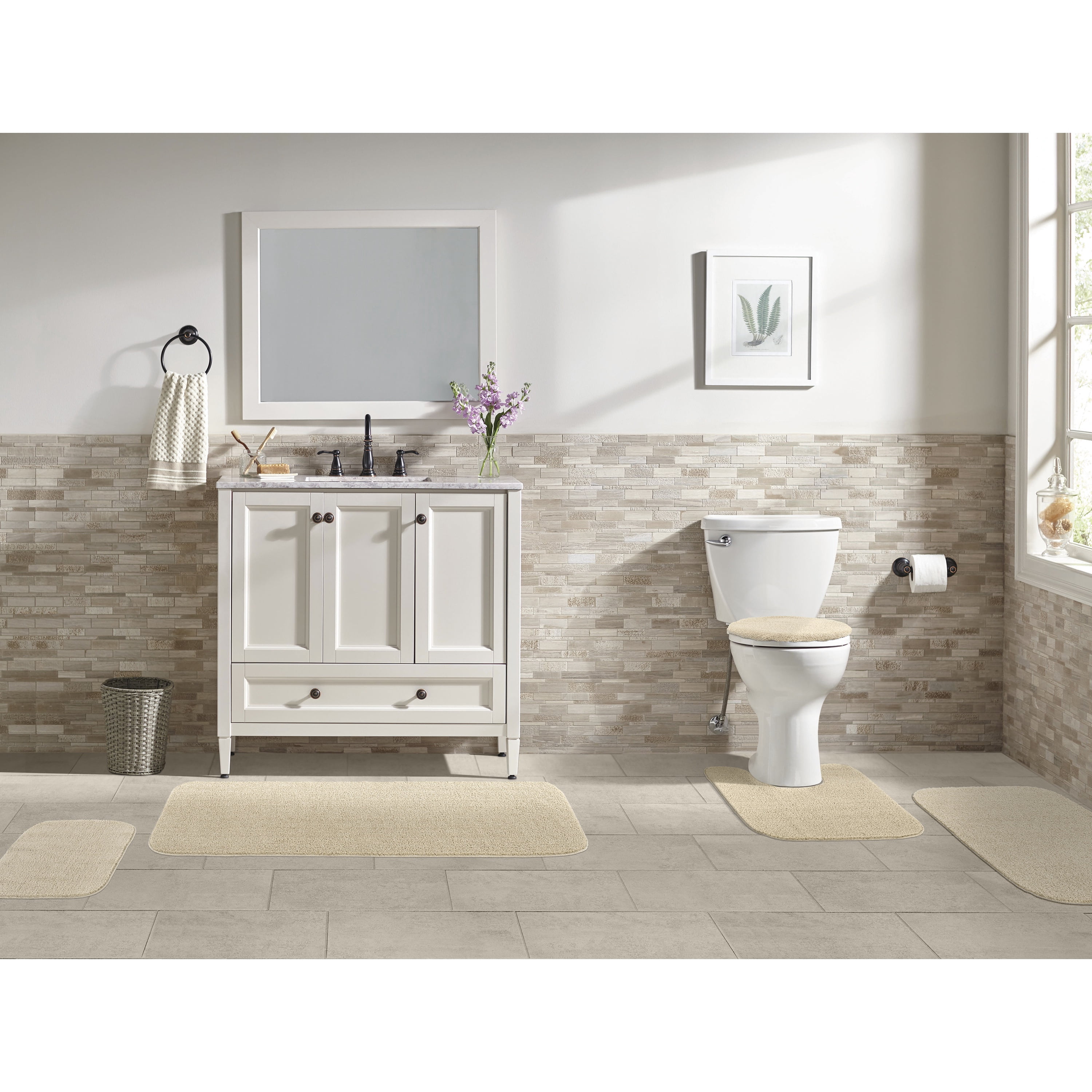 Garland Rug Gramercy Washable Bath Rug Set, 5 Piece (2 Bath Rugs, Contour, Lid Cover, & Runner Rug) Champagne