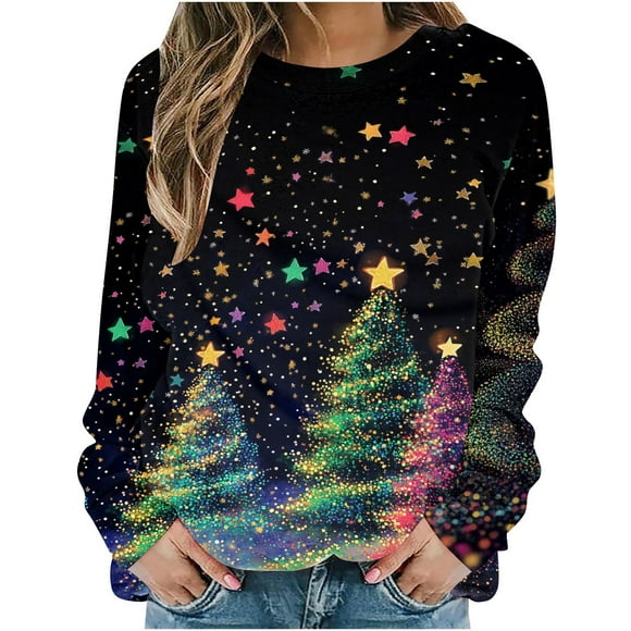 Winter Saving! HVOBTTY Women's Pullover Sweatshir, Women's Christmas Bright Colorful Christmas Tree Round Neck Print Loose Sweatshirt Long Sleeve No-Cap Sweatshirt Top Multicolor, XXXXXL