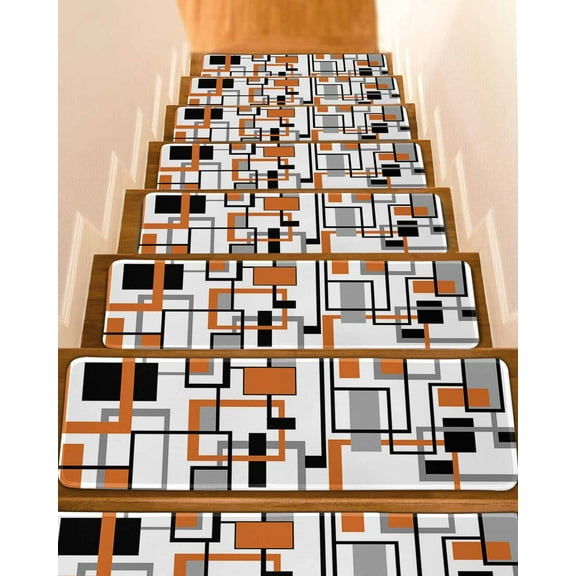 Orange Geometry, Stair Treads for Wooden Steps Indoor Runner Rug Carpet, Retro Modern Abstract Middle Century 15 Pieces Peel and Stick Staircase Step Treads Covers Washable Throw Door Mats, 30"x8"