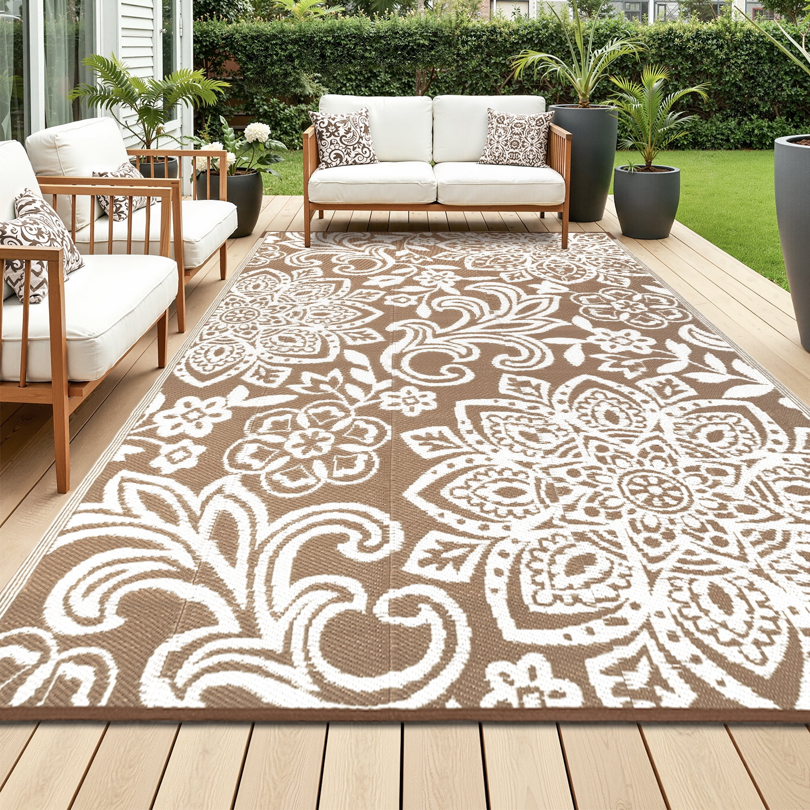 MJIAexp 6'x9' Brown Outdoor Rug Patio Rug Waterproof RV Outdoor Rug Camping Rugs Reversible Plastic Straw Rug Large Outdoor Mat for Camping, Balcony Apartment, Patio, Porch, Picnic, Beach
