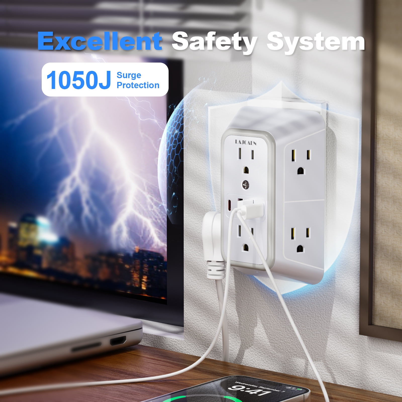 Multi Plug Outlet Surge Protector Wall Charger6 Outlet Extender with 4 USB Charging Ports (4.8A Total) 3-Sided 1050J Power Strip Adapter Spaced Outlets for Home Indoor