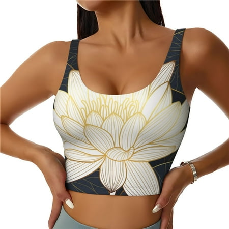Adobk Golden Lotus Print Sports Bras for Women Longline Workout Crop Tank Tops Padded with Built in Shelf Padded Sports Bra-XX-Large